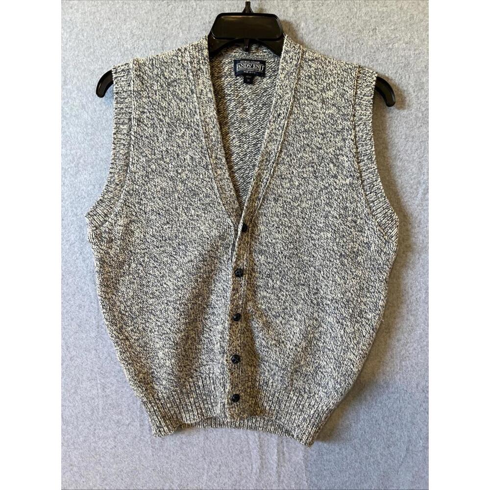 VTG Lands End Mens Wool Blend Button Up Sweater Vest Medium Blue Grandpa Core
